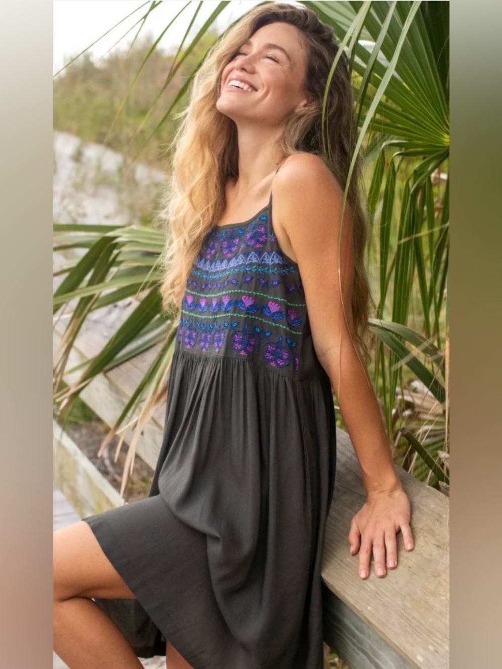Natural Life Sara Embroidered Mini Dress Charcoal Boho XS